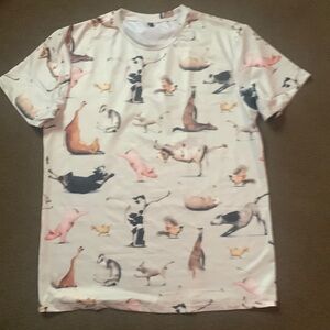 Large Yoga fun farm animals dry wick t shirt 
Loose fit cream colored